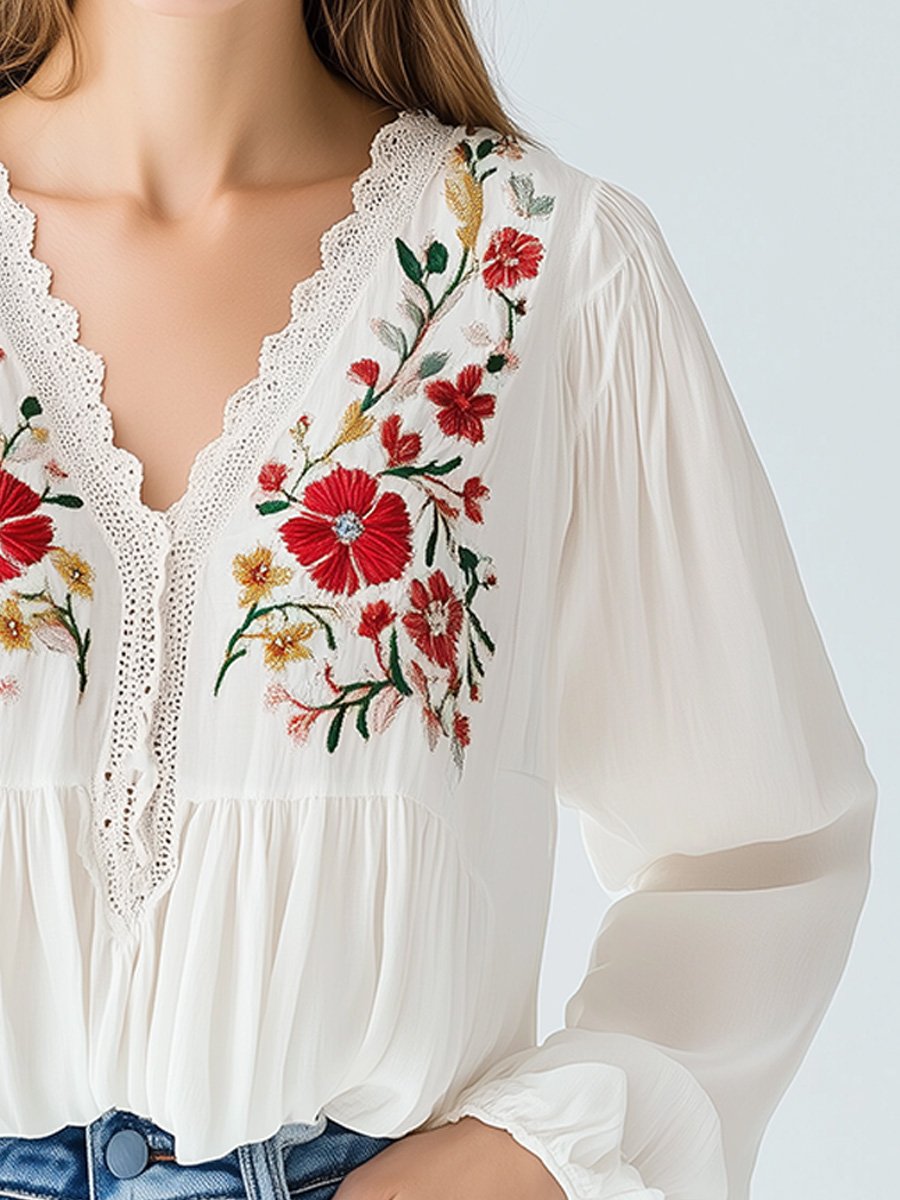 Romantic Floral Embroidered Scallop V-Neck Blouse