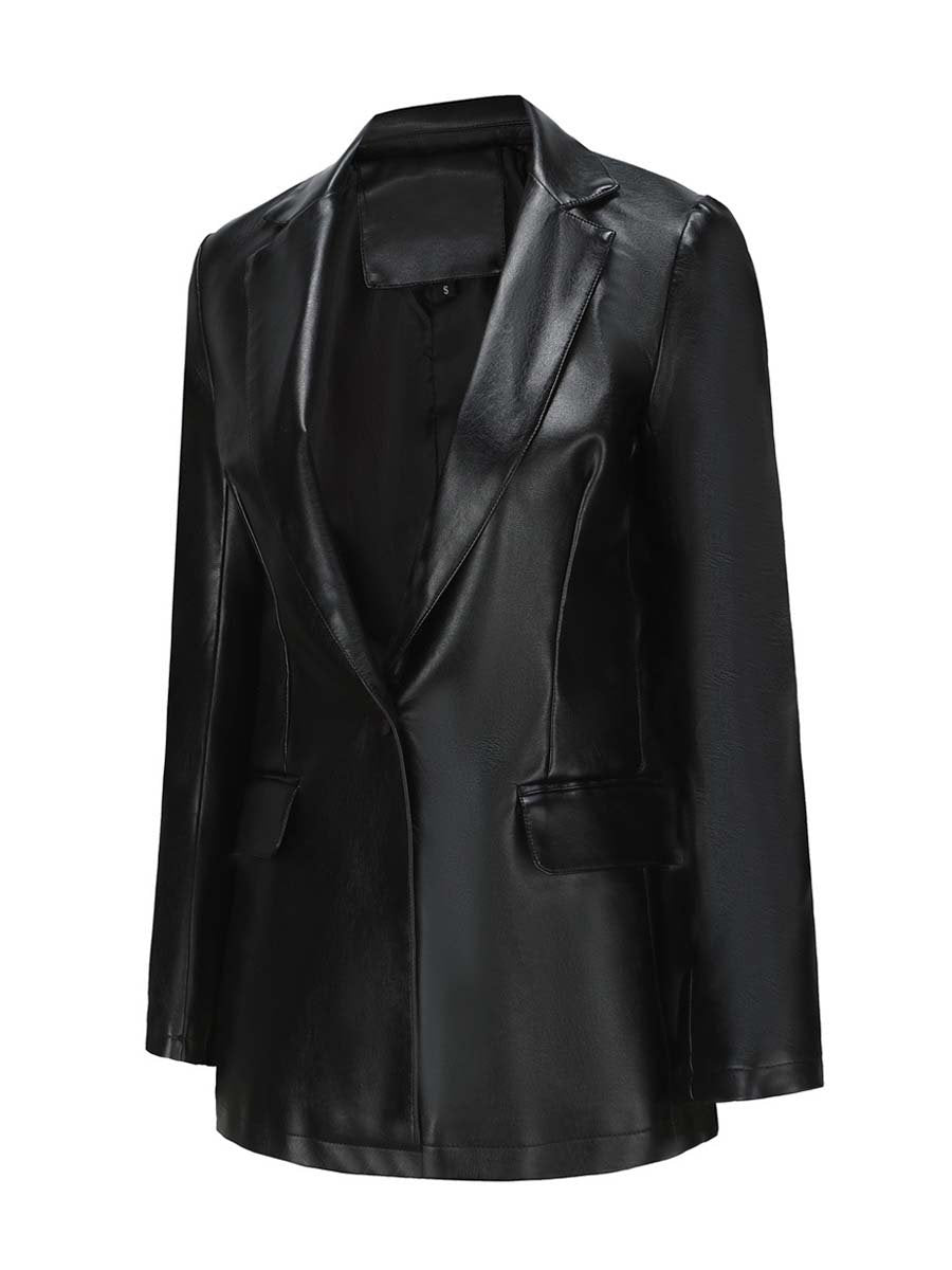 Women's Single Button Leather Blazer