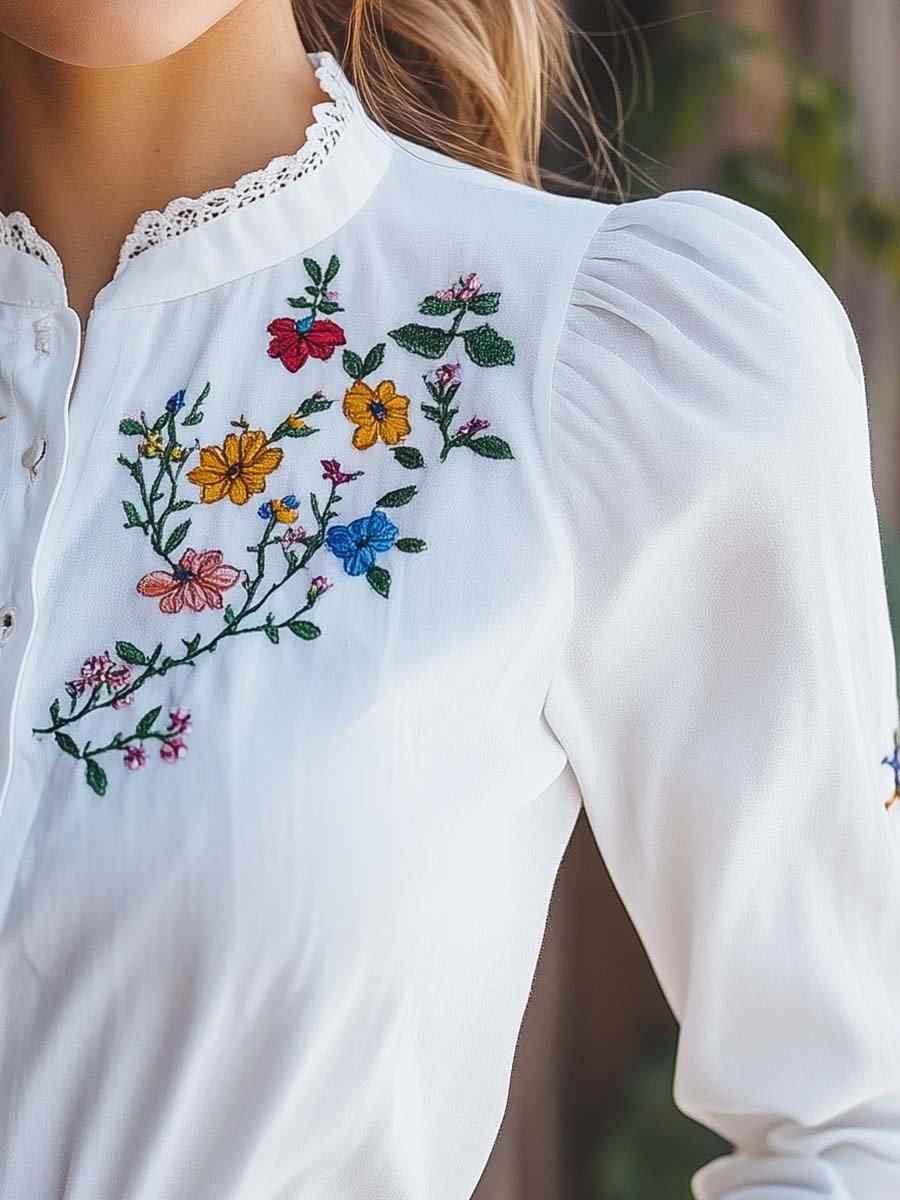 Women's Colorful Embroidered Cotton Long-sleeved Blouse