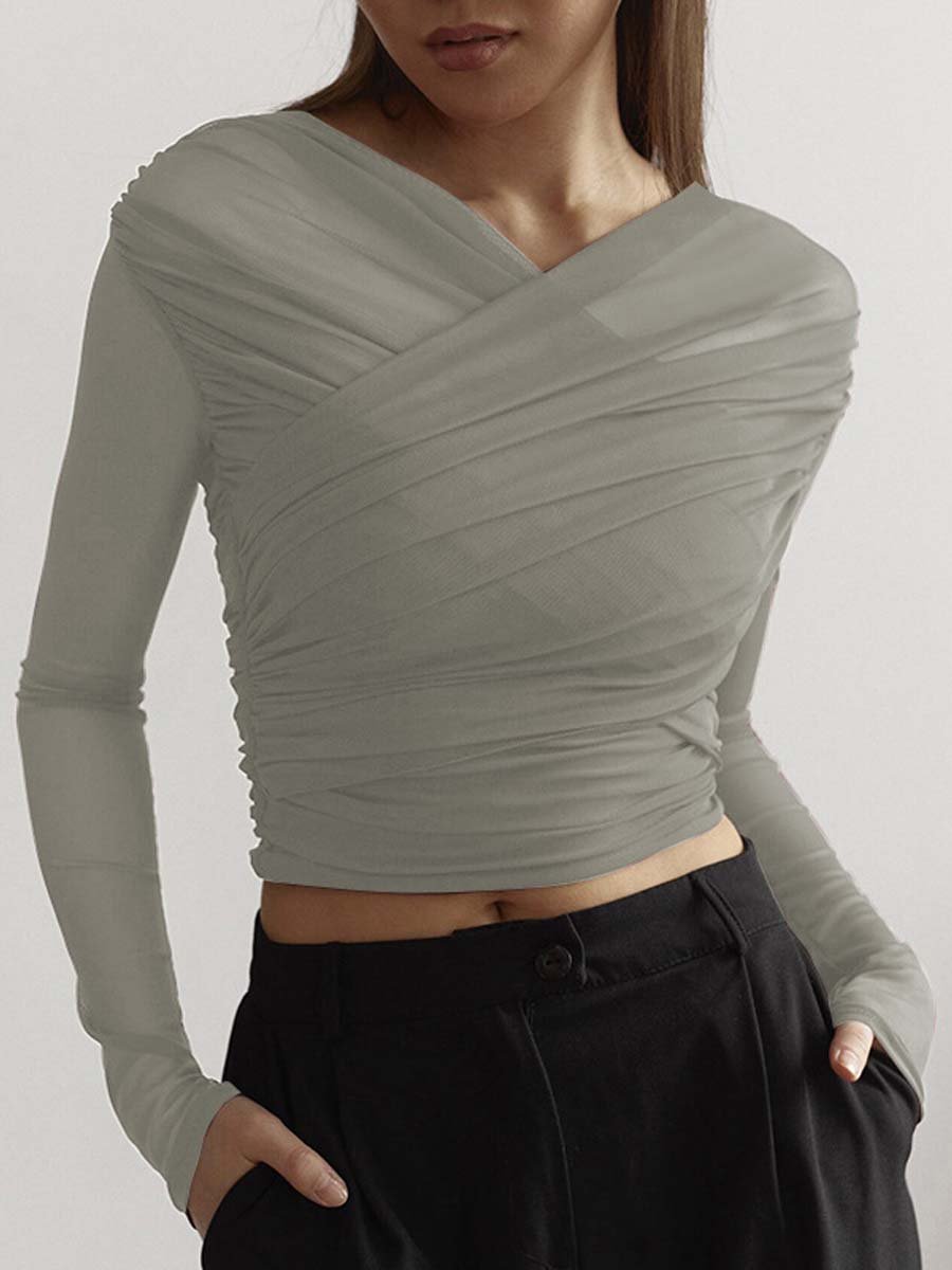 Vintage Mesh Pleated Long-Sleeved T-Shirt