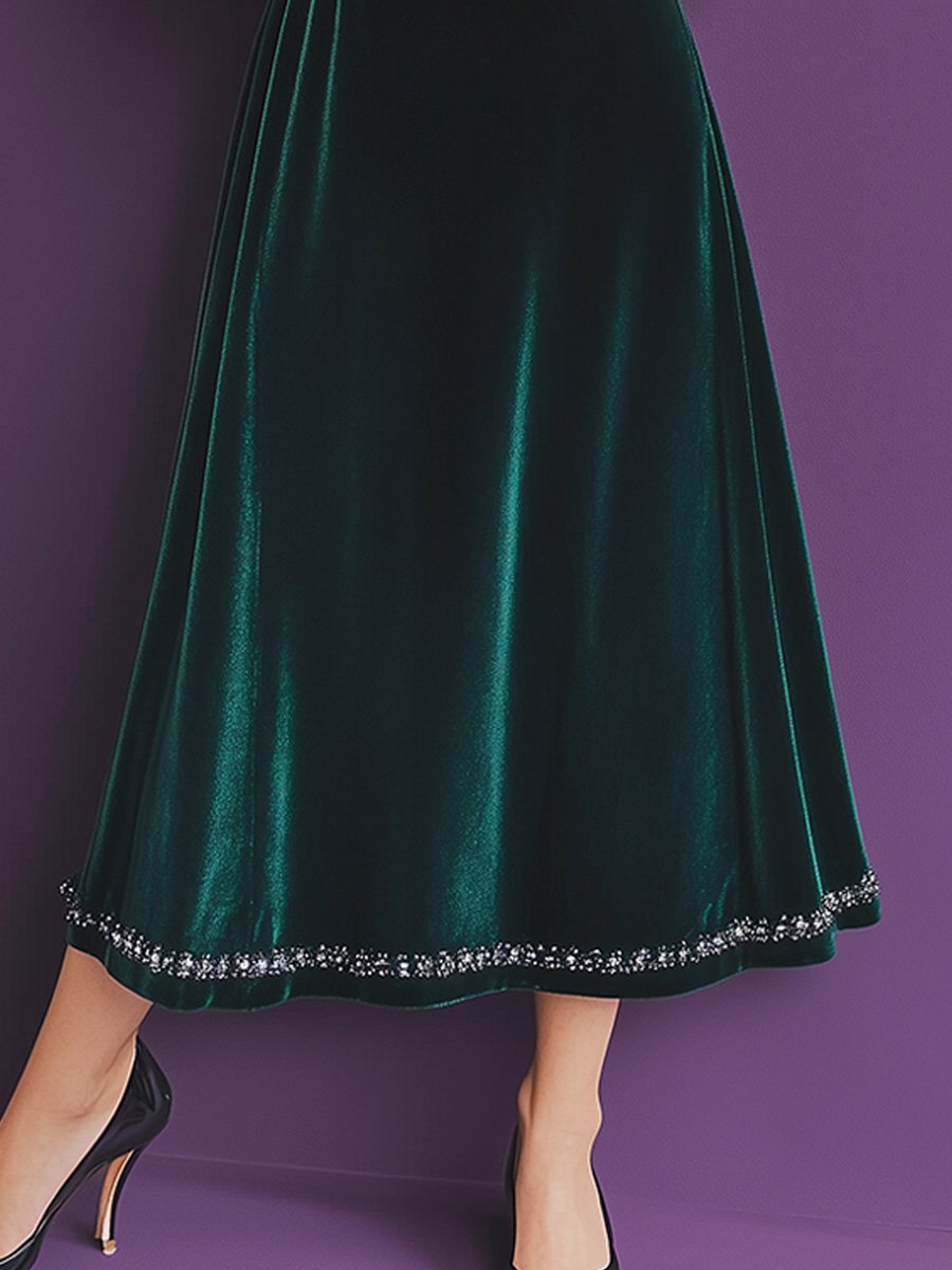 Vintage Round Neck Solid Velvet Long Sleeve Maxi Dress