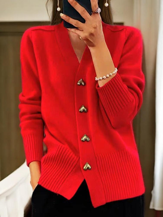 Chic V-neck Heart-shaped Buttons Knitted Cardigan