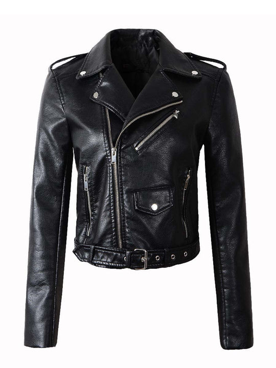 Women's Vintage Washed Diagonal Zipper Leather Biker Jacket