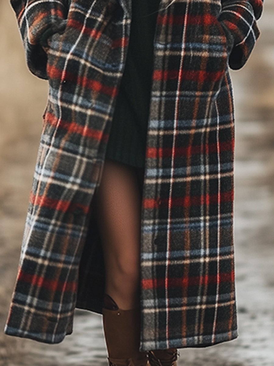 Casual Loose Retro Pocket Woolen Plaid Mid-Length Coat