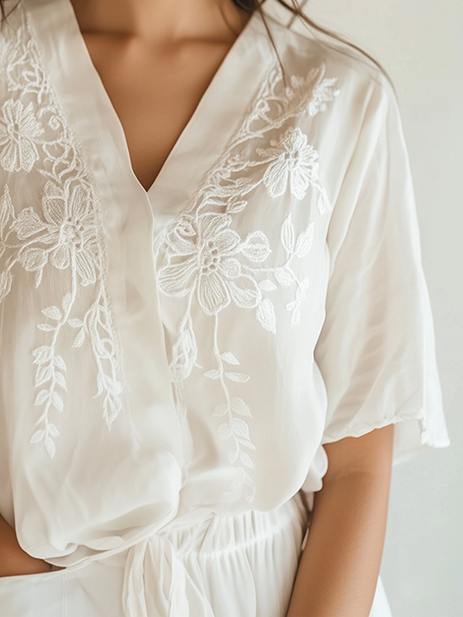 V-neck White Embroidered Loose Shirt