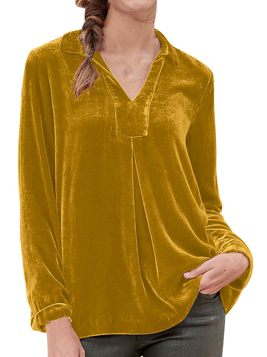 V-neck Casual Gold Velvet Long-sleeved Loose T-shirt