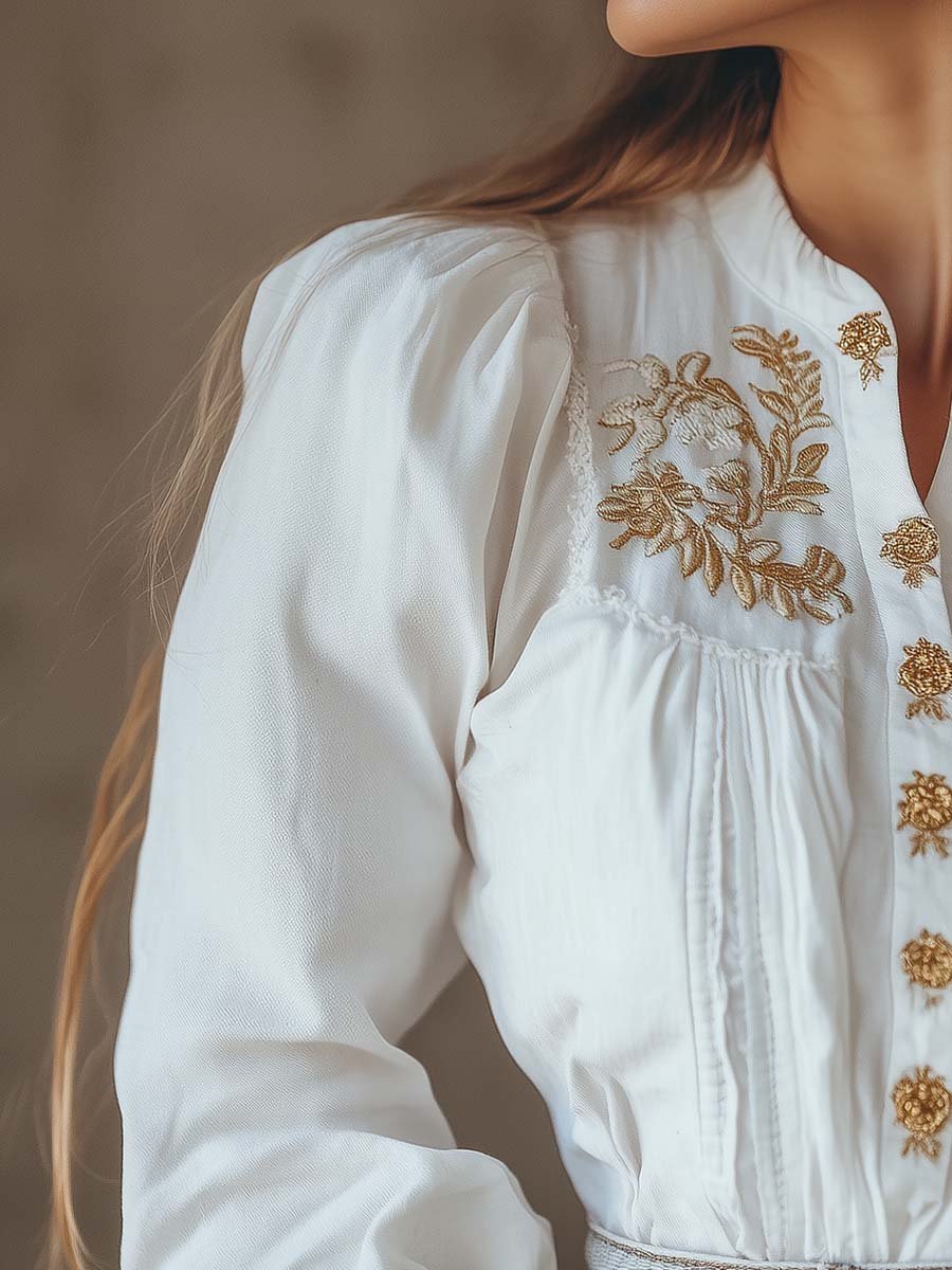 Women's Gold Embroidered Cotton Long-sleeved Blouse