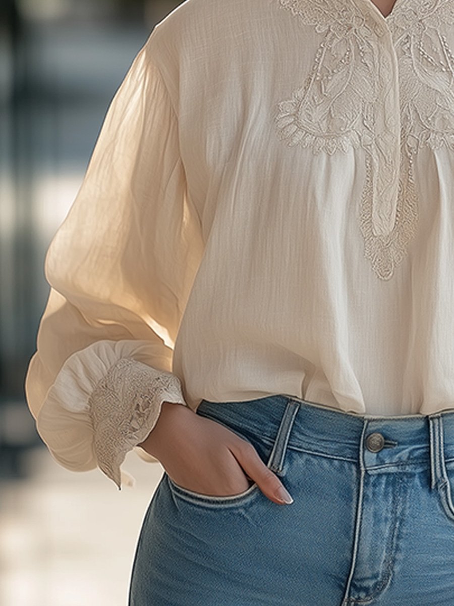 Elegant Embroidered with Delicate High Neck Cotton and Linen Blouse