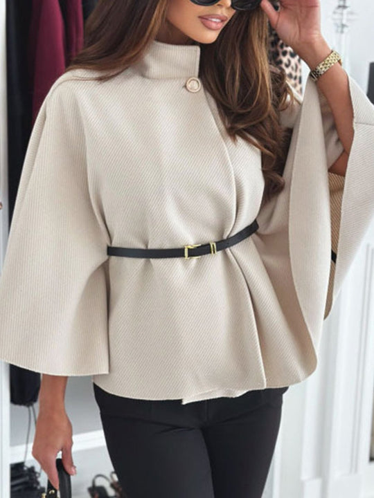 Solid Color Fashionable Casual Waist-binding Woolen Cape Coat