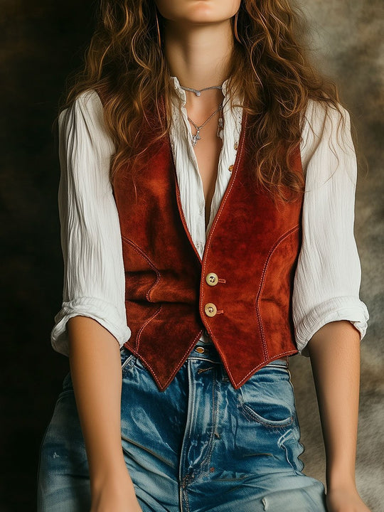 Boho V-neck Button Down Suede Waistcoat