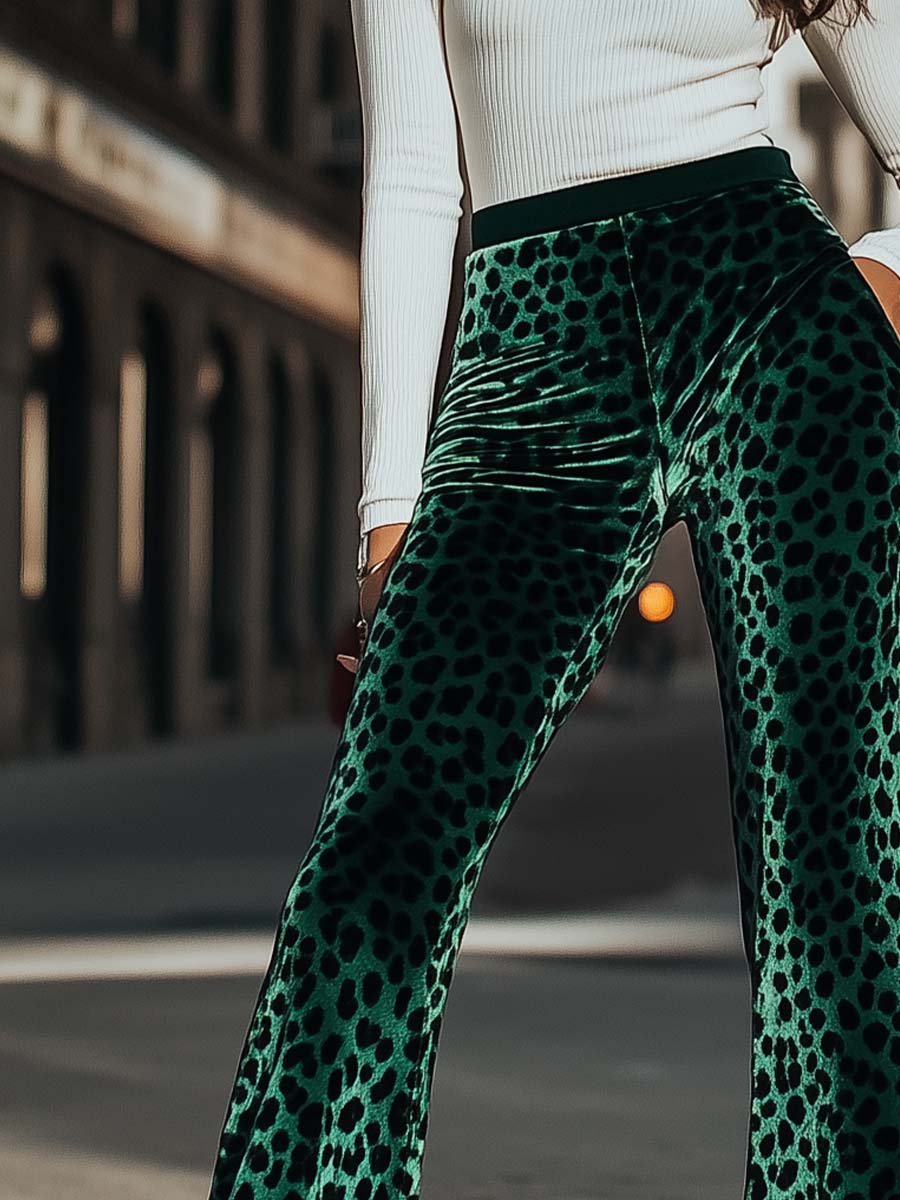 Women's Vintage Leopard Velvet Flared Pants