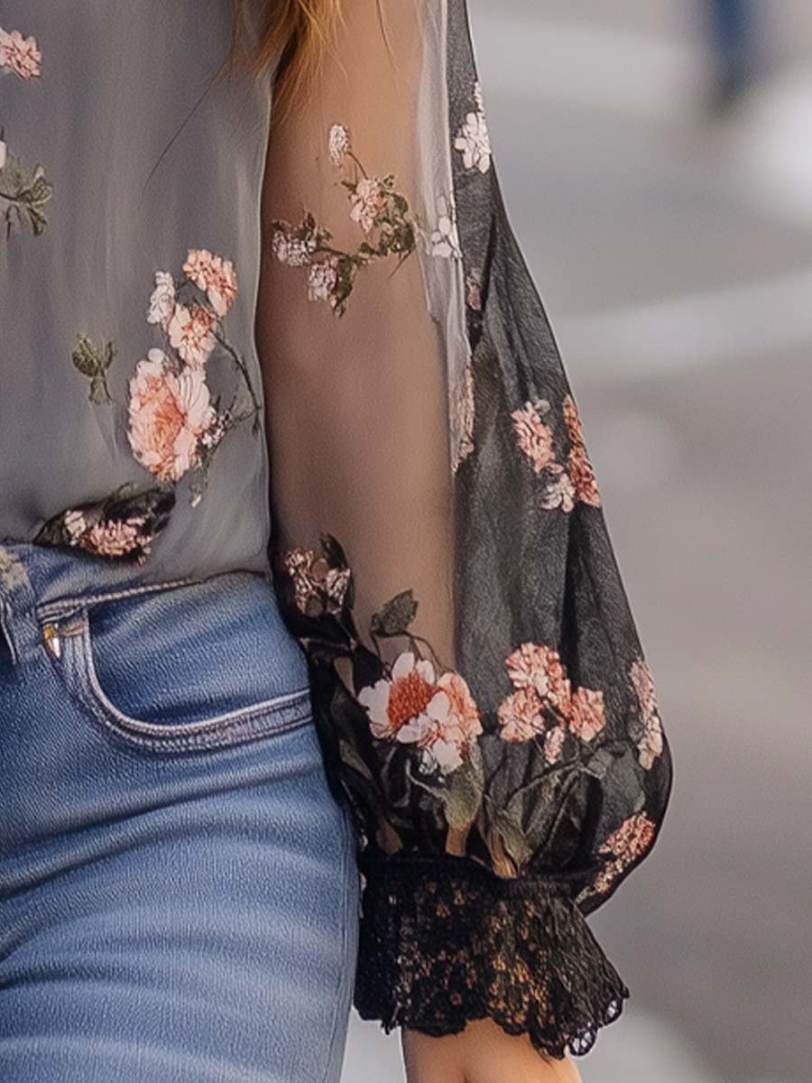 Boho Sheer Floral V-Neck Blouse