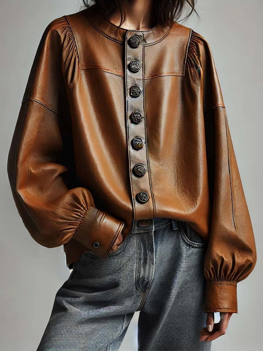 Women's Vintage Button-Down Leather Blouse