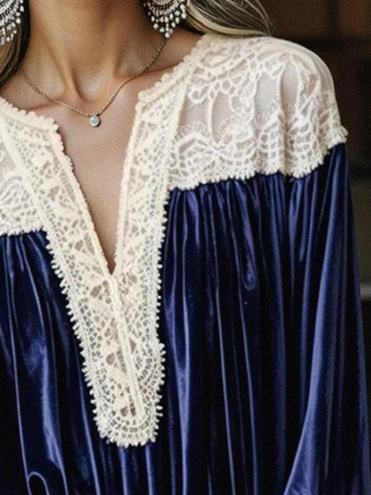 Navy Blue Velvet Lace V-neck Long-sleeved Shirt