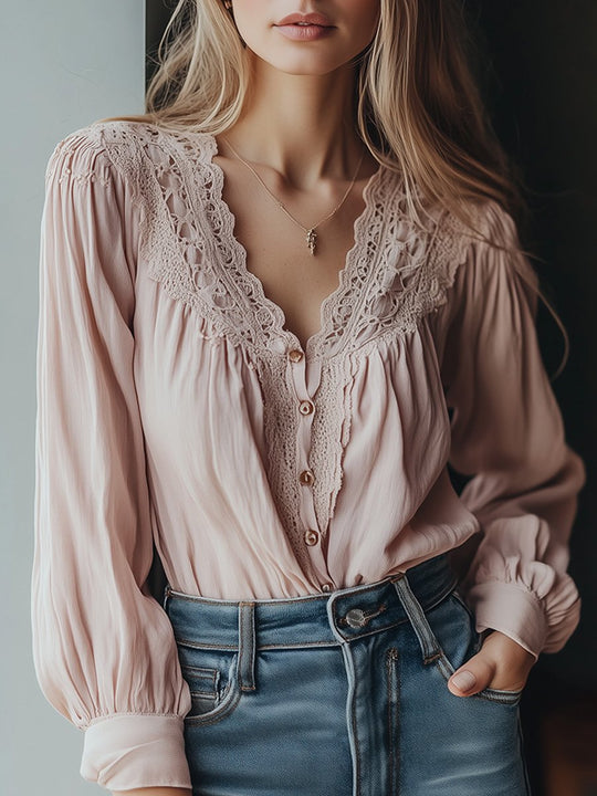 Vintage-Inspired Blush Pink with Delicate Lace Details Blouse