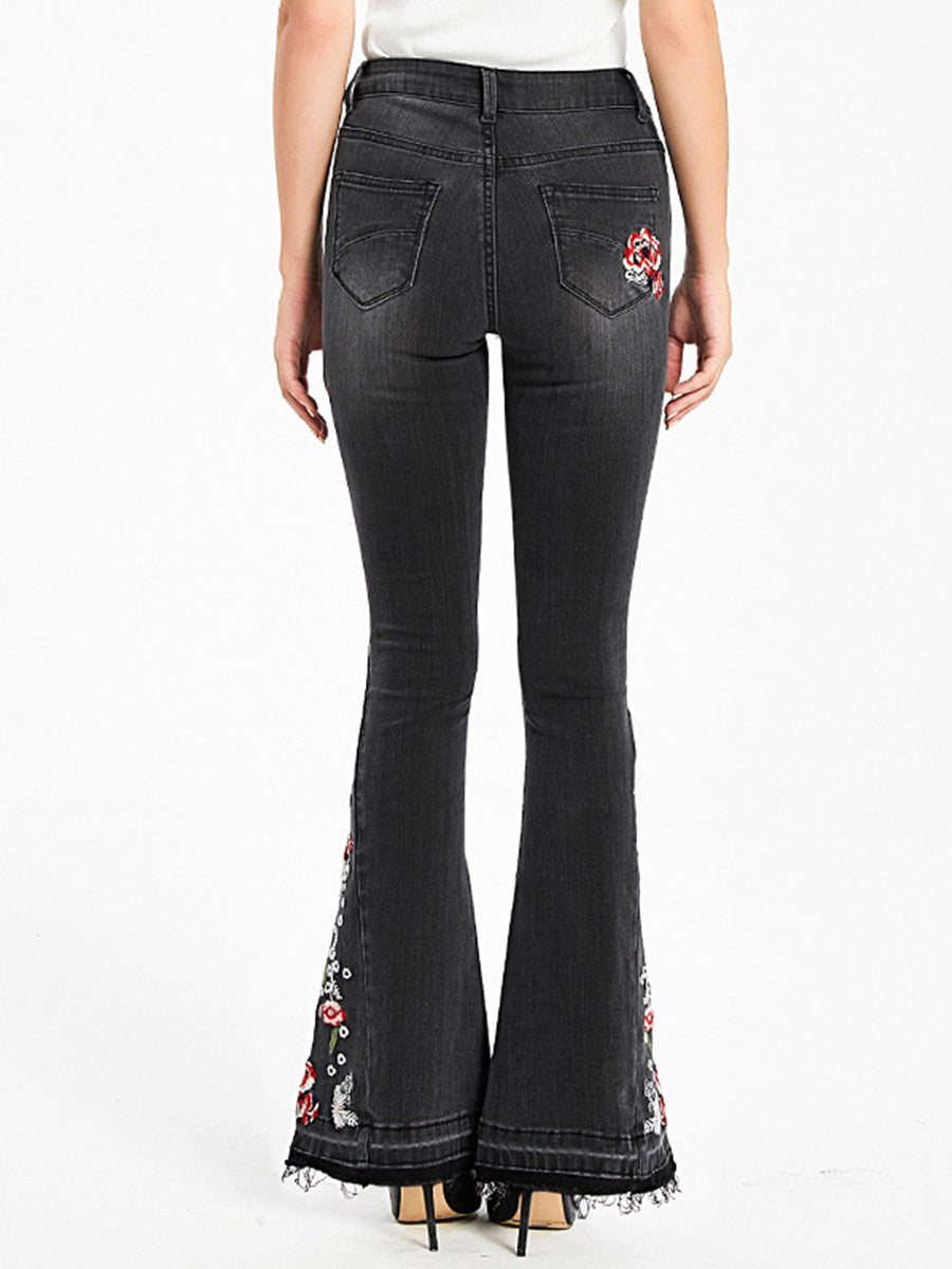 Elegant Embroidered Slim-fit Stretch Denim Flared Pants