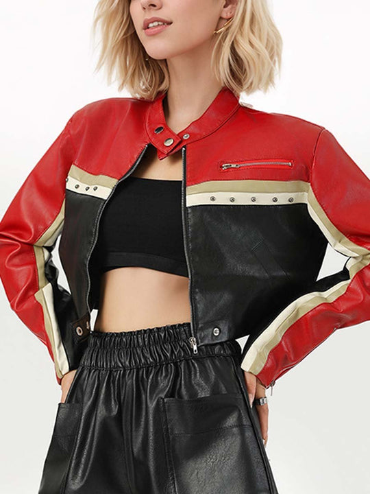 Women's Contrast Color PU Leather Biker Jacket