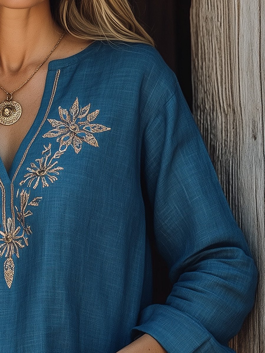 Casual V-neck Cotton and Linen Embroidered Long-sleeved Top