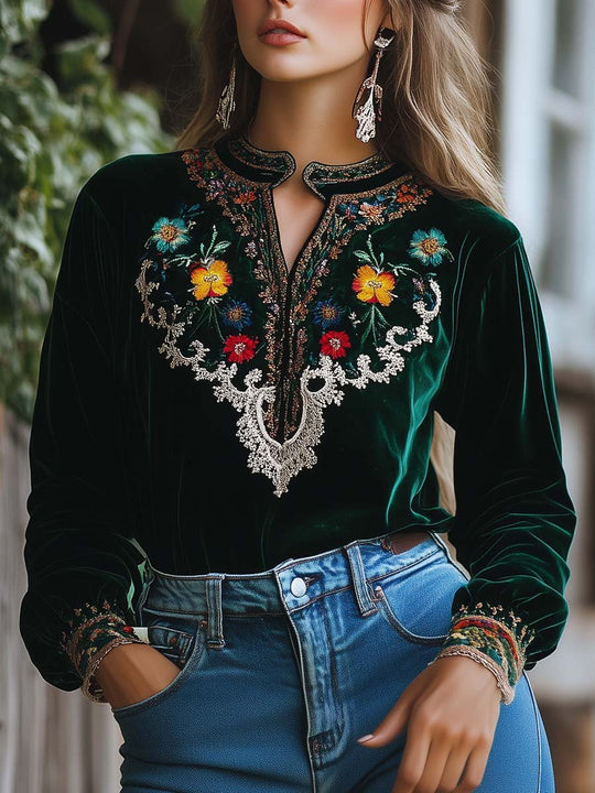 Women's Vintage Velvet Embroidered Shirt