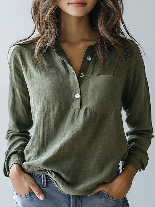 Green V-neck Cotton and Linen Pocket Everyday Long-sleeved Shirt