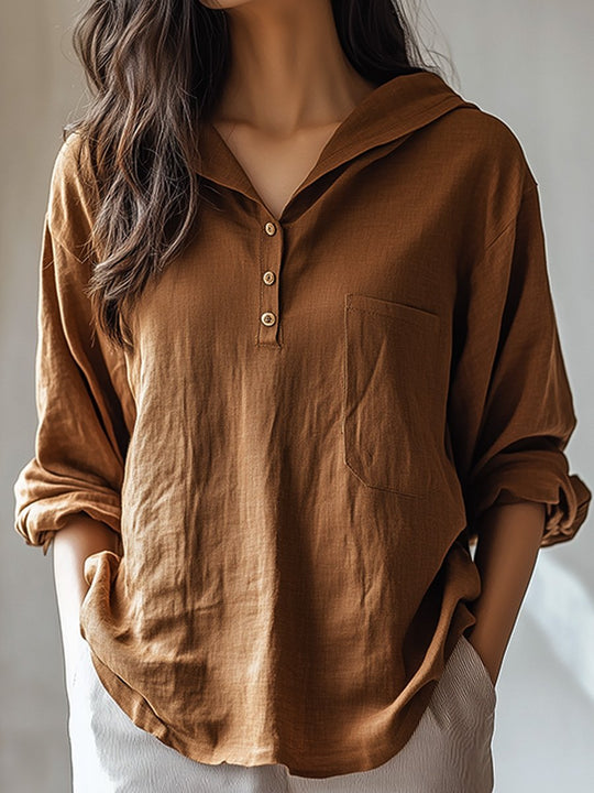 Linen Solid Color Casual Everyday Hooded Long Sleeve Shirt