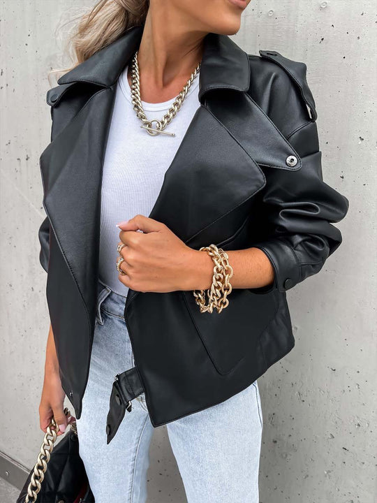 Women's Casual Lapel Large Pocket Leather Jacket