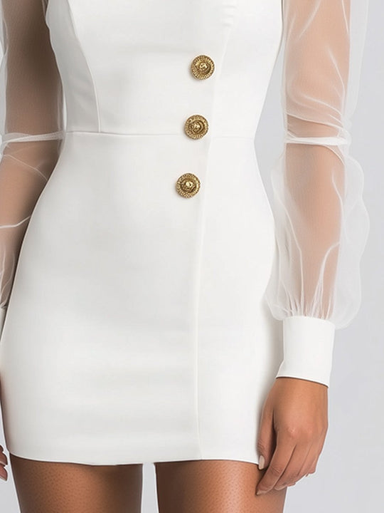 White Bodycon Dress with Sheer Puff Sleeves