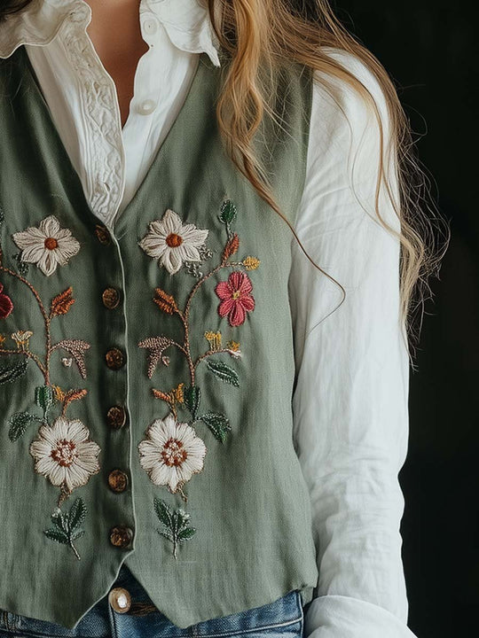 Rustic Charm Embroidered Olive Green Vest