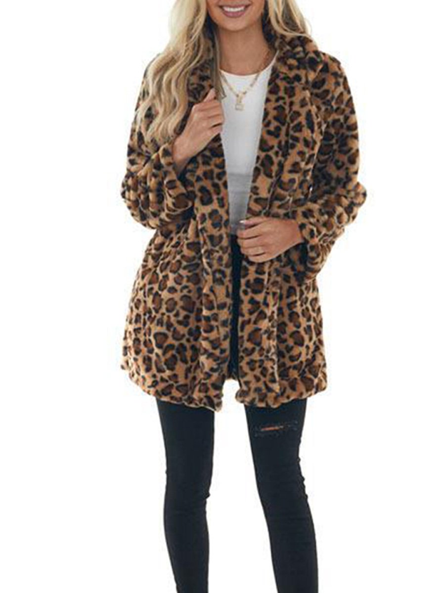 Fashion Leopard Fur Pocket Loose Fur Coat