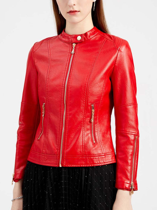 Women's Stand Collar Zipper Cuff Leather Jacket