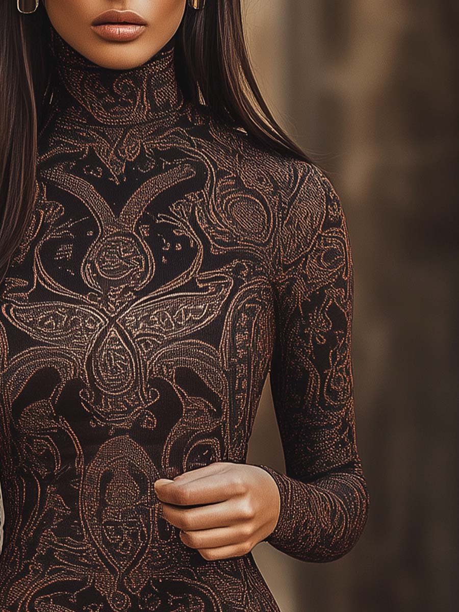 Women's Vintage High Collar Long Sleeve Paisley Bodycon Dress