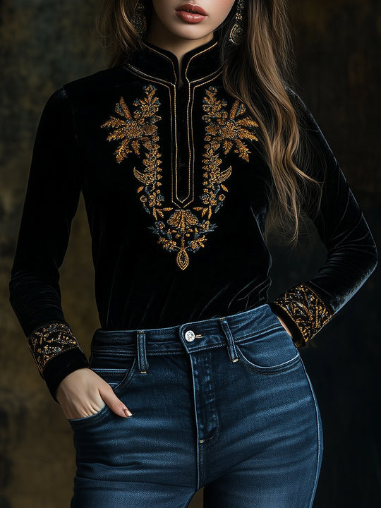 Stylish Embroidery Stand Collar Long Sleeves Velvet Top