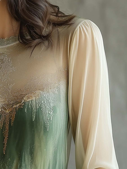 Fluid Painting Lace Sheer Sleeves Blouse