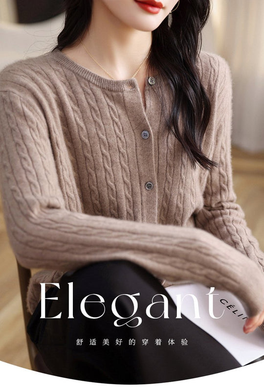 Fashion Round Neck Slim Fit Cable Knit Cardigan