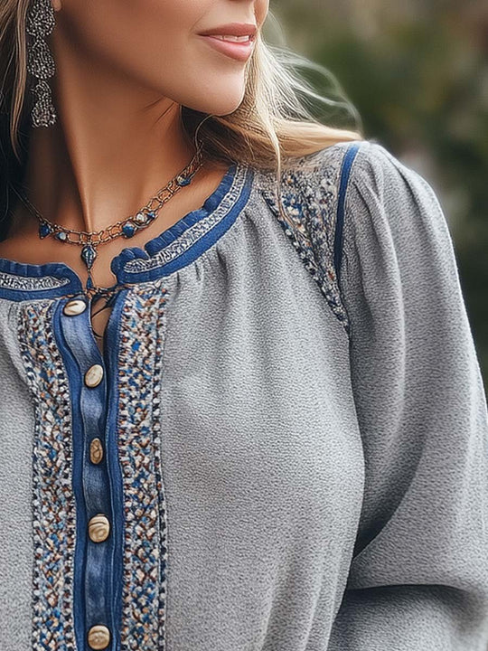 Women's Vintage Trim Embroidered Long Sleeve Blouse