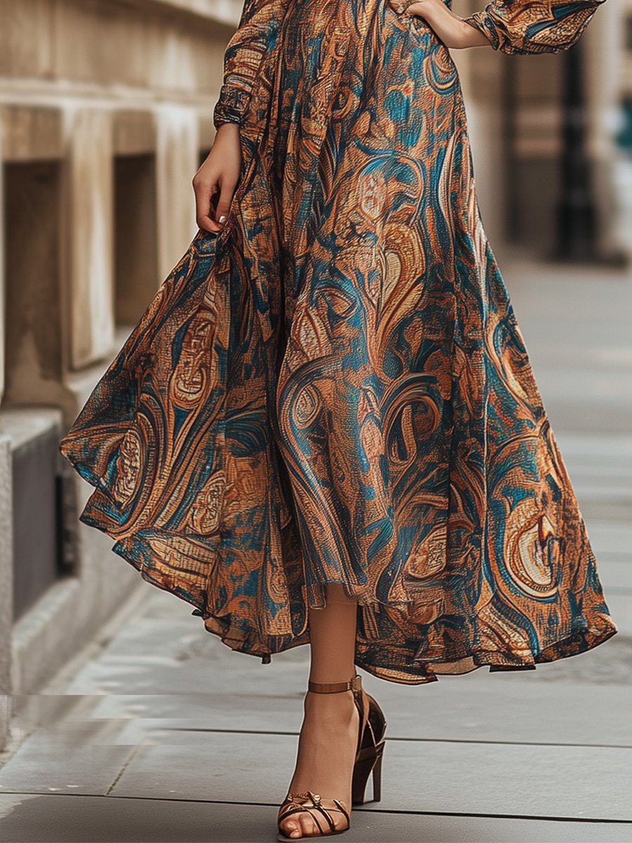 Women's Vintage Printed Round Neck Long Sleeve Maxi Dress