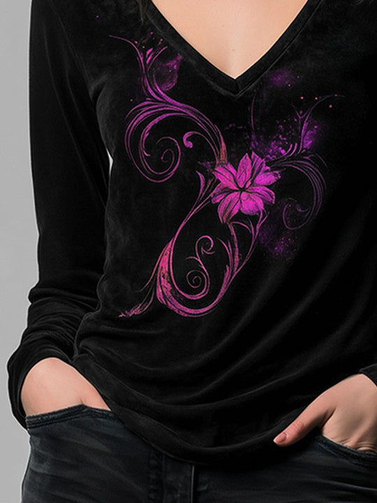 Casual V-neck Velvet Embroidered Everyday Versatile T-shirt