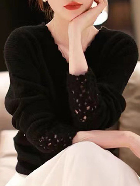 V-neck Hollow Stitching Long-sleeved Cashmere Sweater