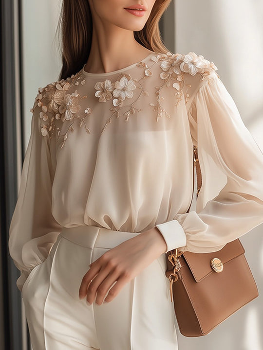 Elegant Floral Patch Sheer Shirt