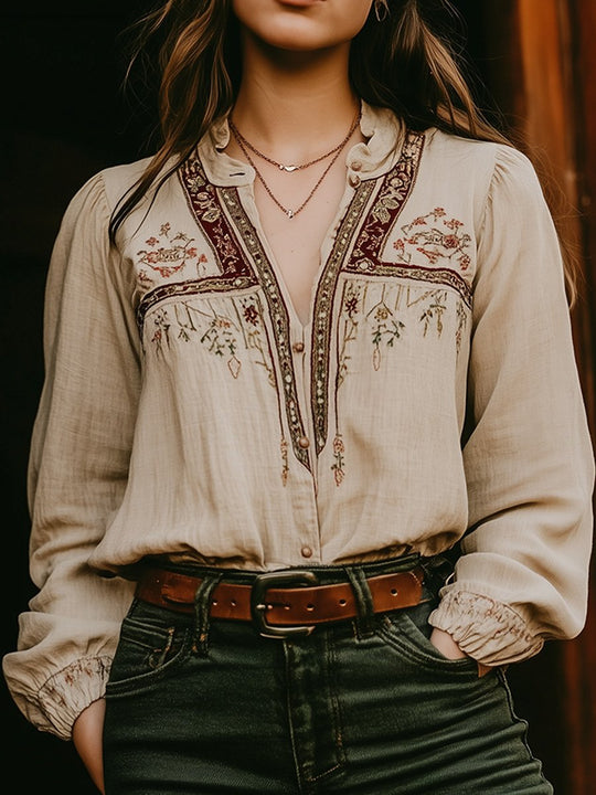 Bohemian Embroidered Beige Cotton and Linen Blouse