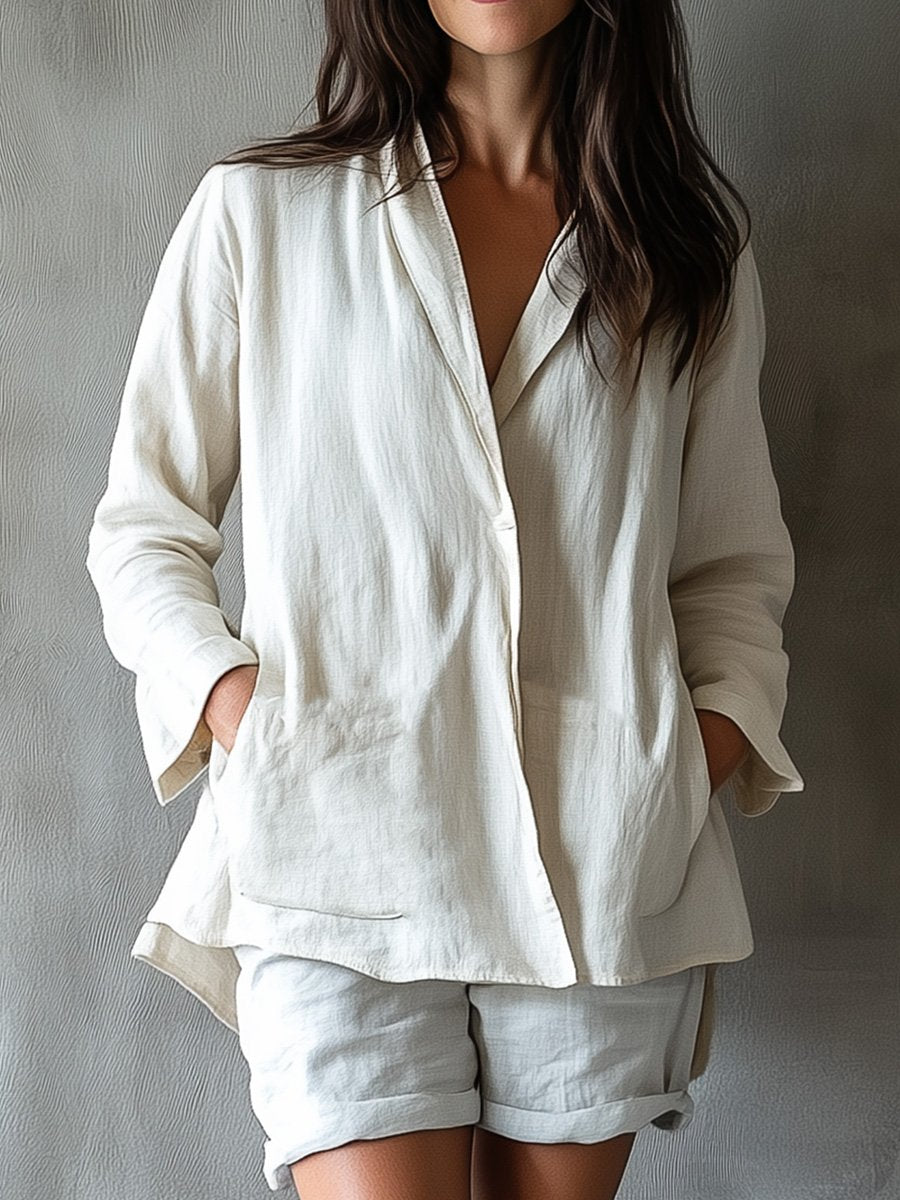 Casual and Comfortable Cotton and Linen Shirt and Shorts Set