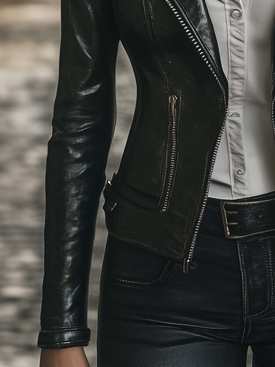 Women's Vintage Zipper Lapel Leather Jacket