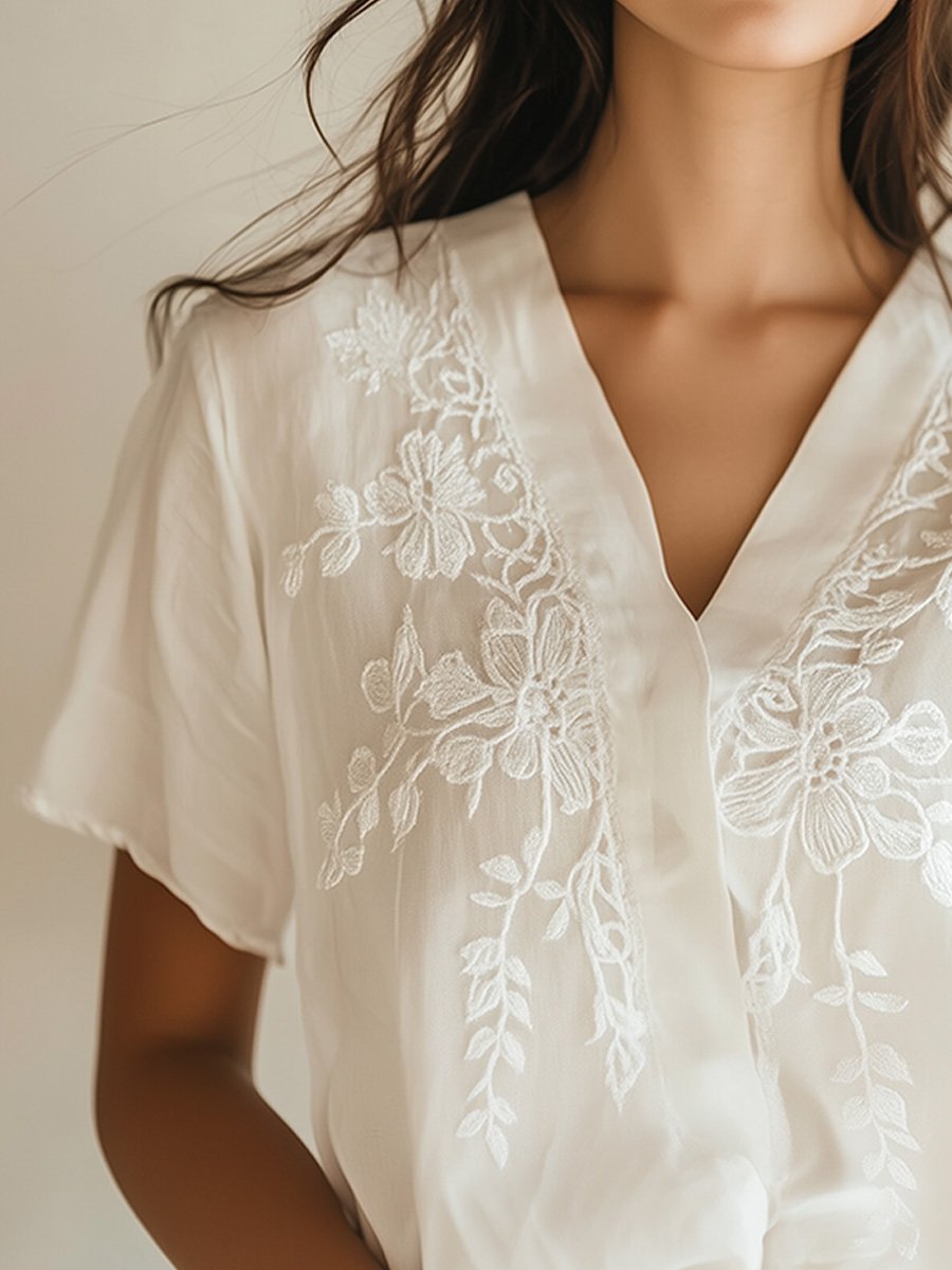 V-neck White Embroidered Loose Shirt