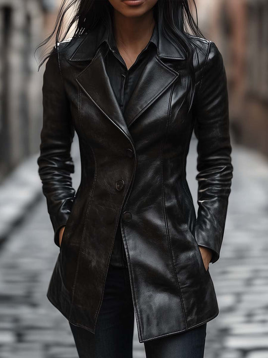 Vintage Lapel Button Leather Jacket