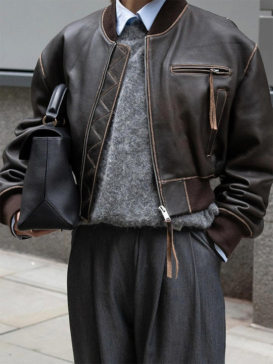 Fashionable Brown Zip-Detail Round Neck Leather Jacket