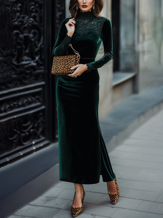 Elegant Lace Patchwork Velvet Maxi Dress