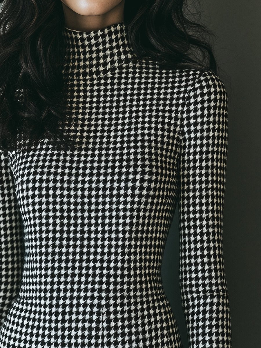 Retro Elegant High-End Turtleneck Houndstooth Dress