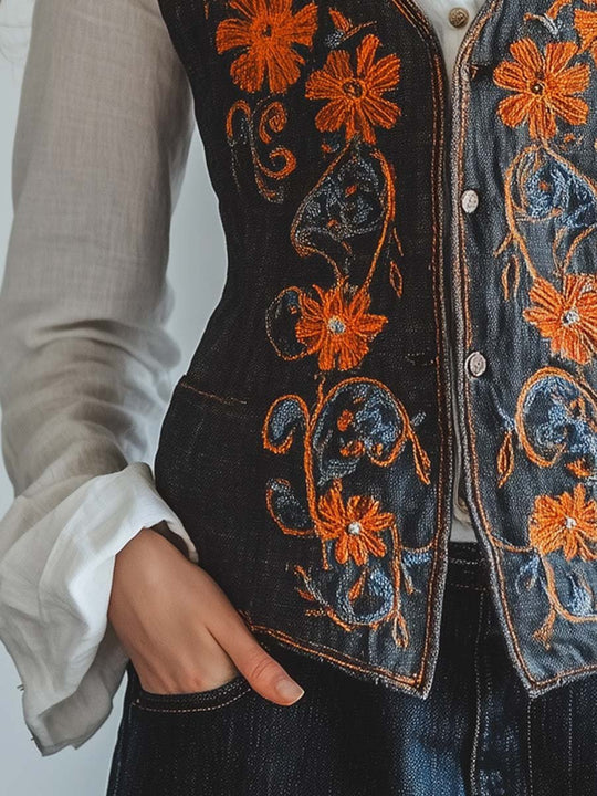 Dark Linen Floral Embroidered Button-Up Vest