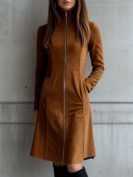 Elegant Stand Collar Zipper-up Long Sleeve Suede Dress