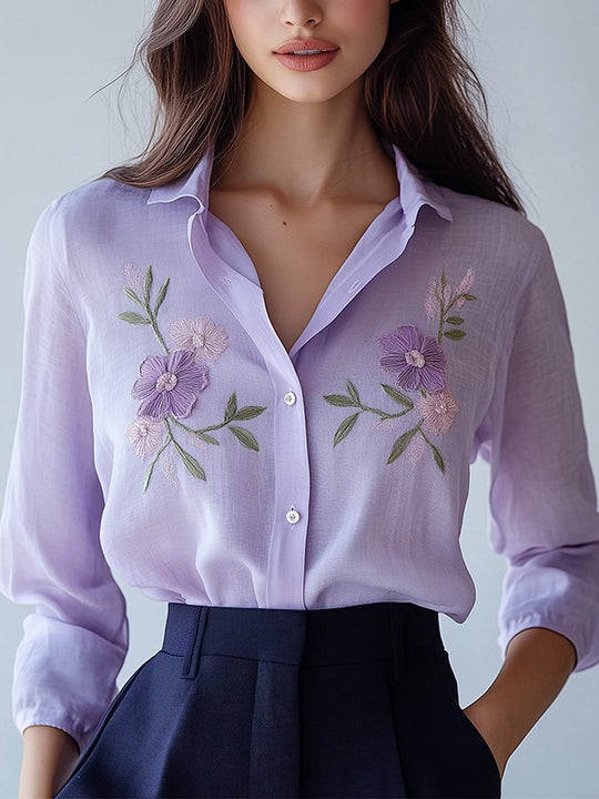 Lavender Floral Embroidered Sheer Button-Down Blouse